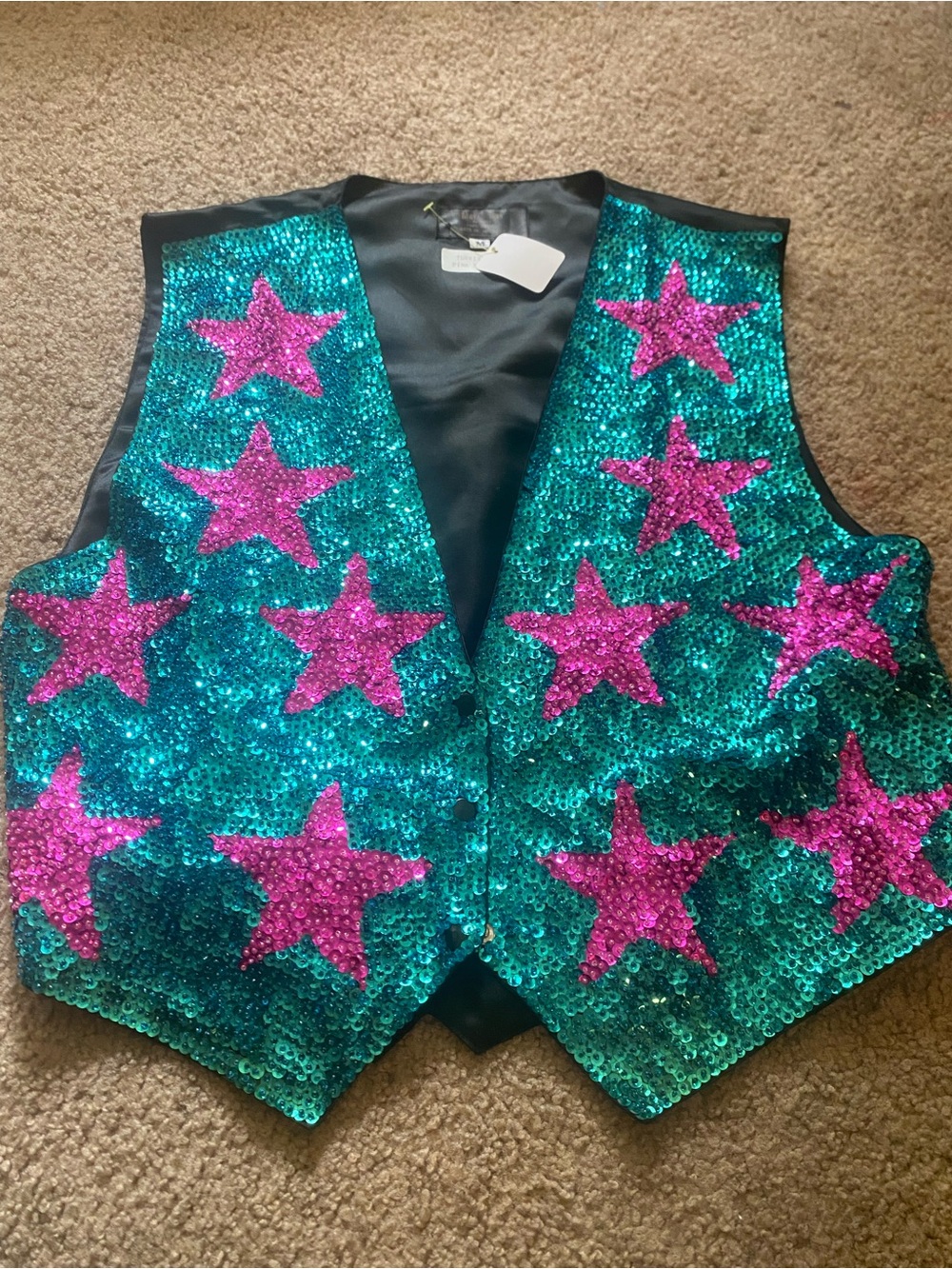 Vintage Match-Ups by Natco Sequin Star Vest - Disco Cowgirl Teal Pink - Size M